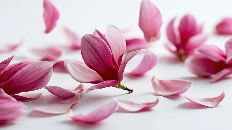 Pink magnolia blooms and petals falling midair on white background