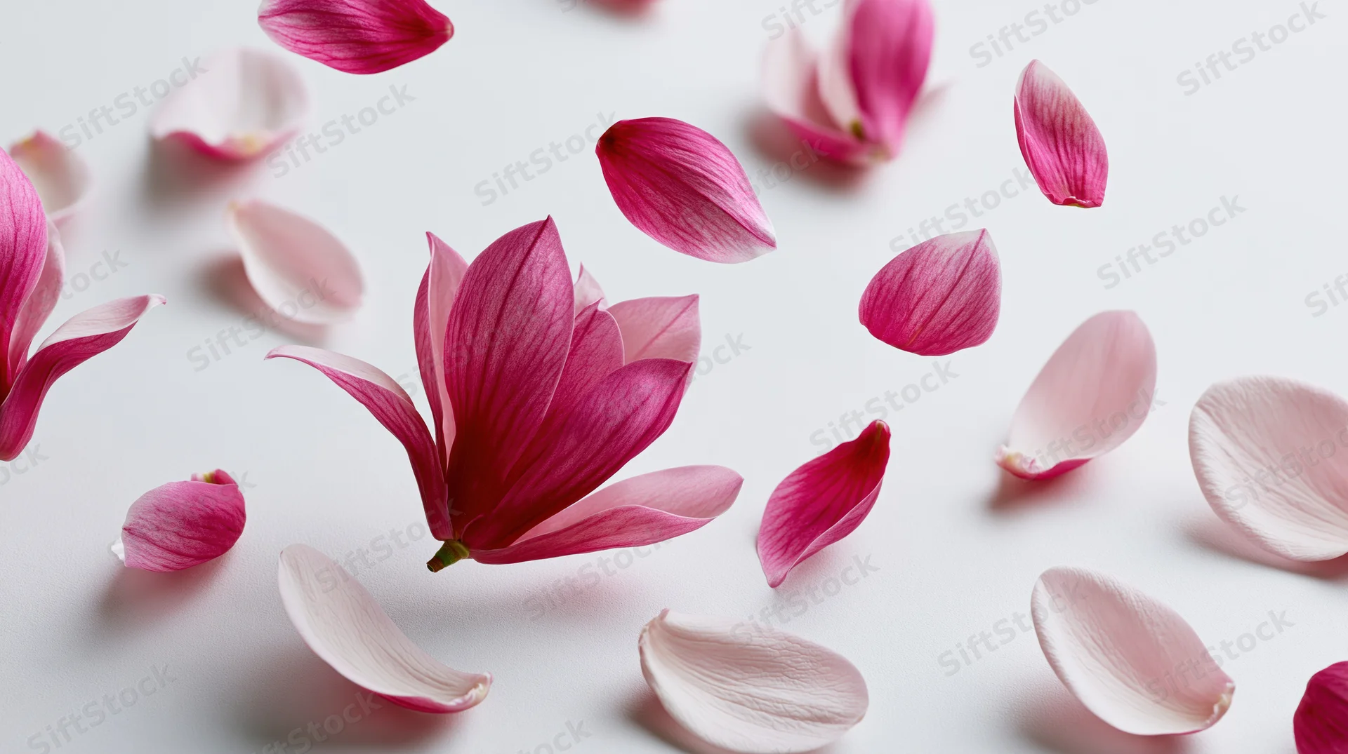 Magnolia flower blooming with scattered petals falling against a white background