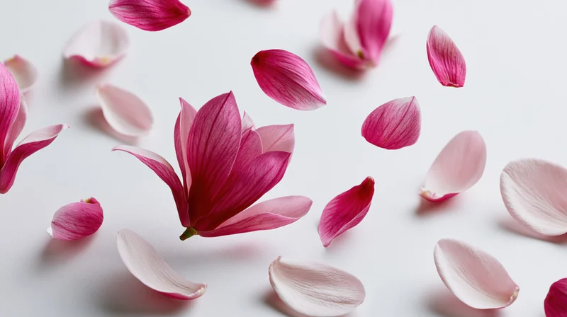 Magnolia flower blooming with scattered petals falling against a white background