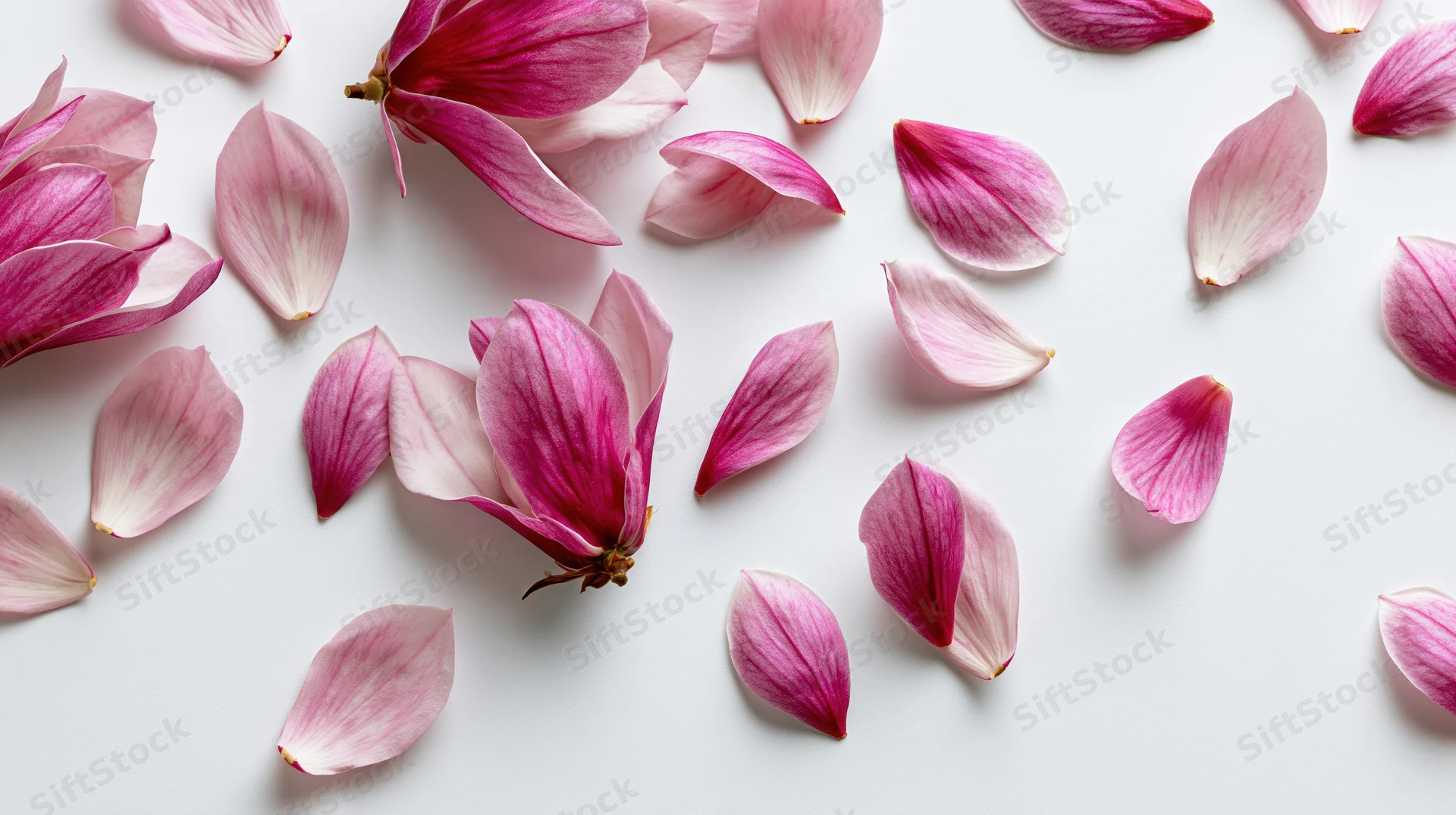 Scattered pink magnolia petals and blooms on a white surface