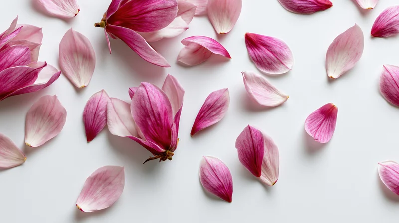 Scattered pink magnolia petals and blooms on a white surface
