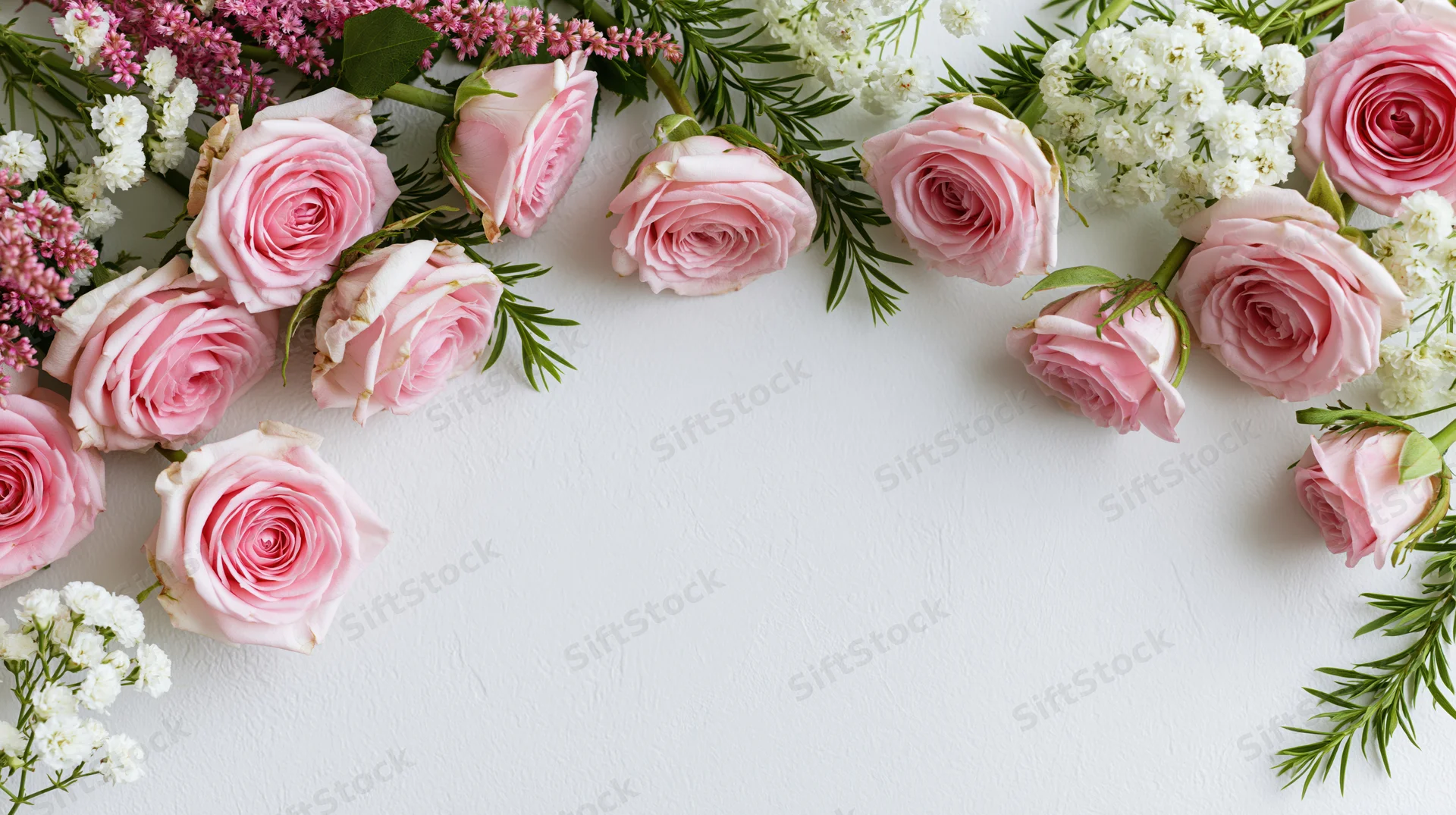 Pink roses and white blooms with green sprigs arranged on white surface