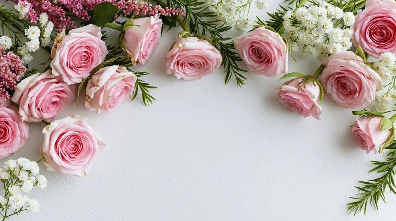 Pink roses and white blooms with green sprigs arranged on white surface
