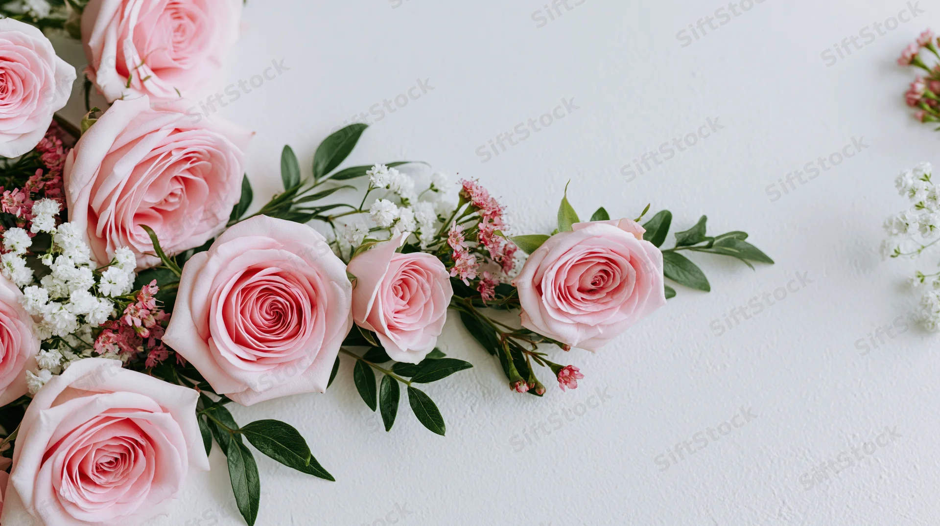 Pink roses and small white blooms with green leafy sprigs arranged on white surface