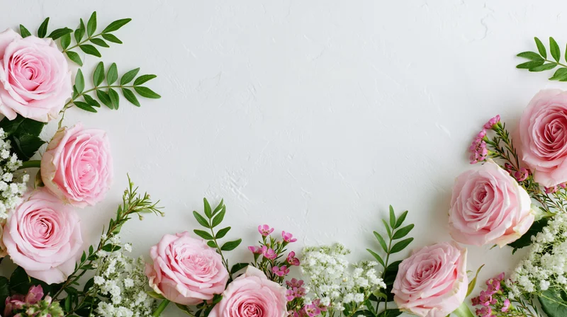Pink roses and white blooms with green foliage arranged in a border along a white textured surface
