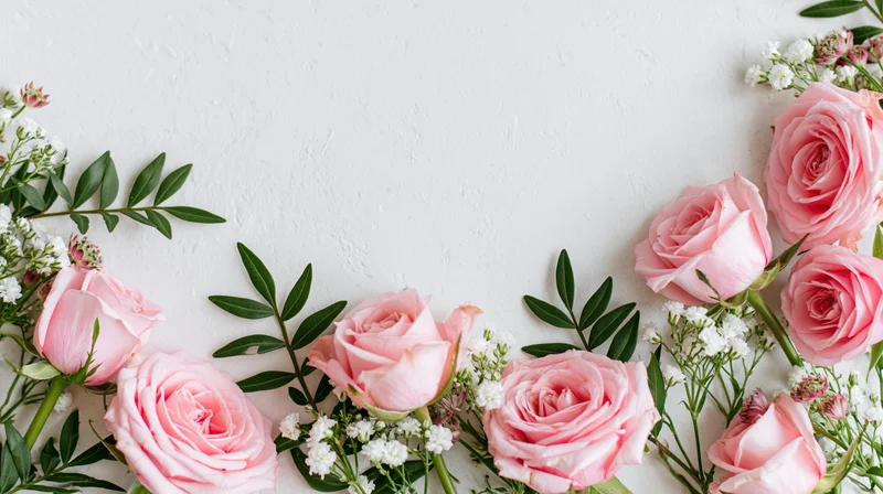 Pink roses and white blooms with green foliage arranged in a flat lay on white surface
