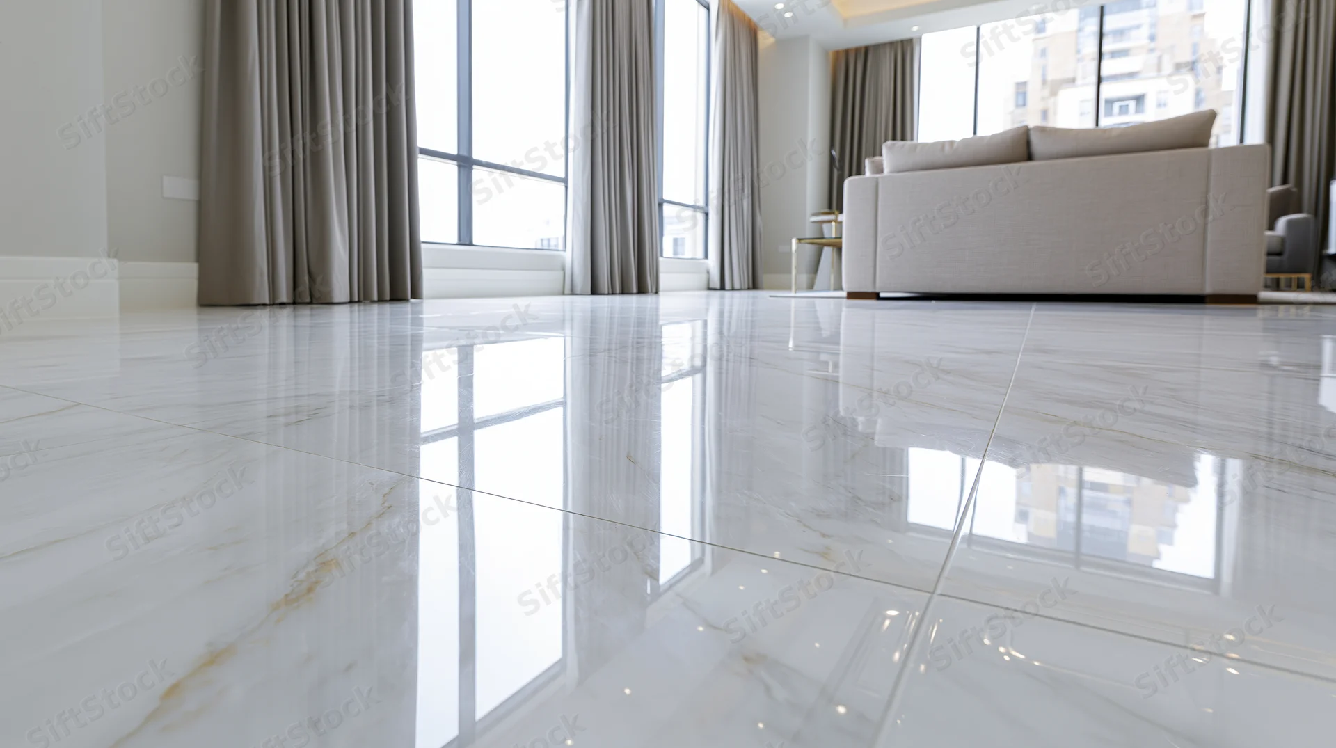Polished white marble floor reflecting large windows and beige sofa in modern living room