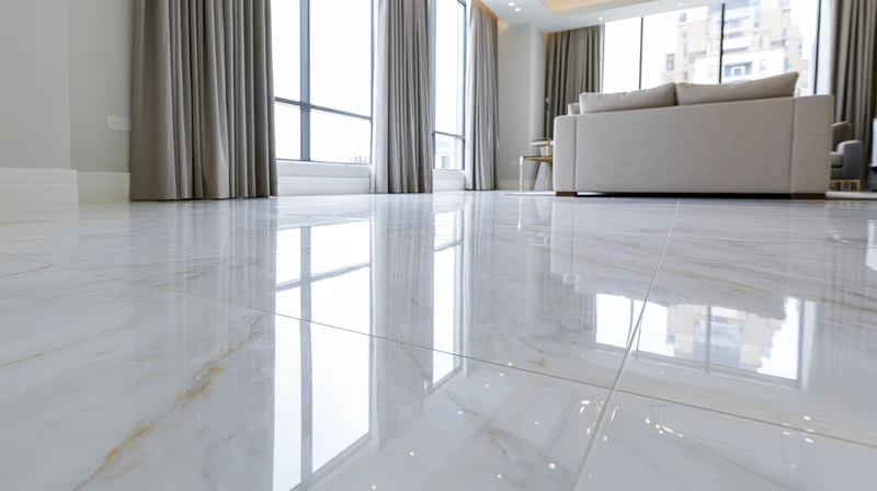 Polished white marble floor reflecting large windows and beige sofa in modern living room