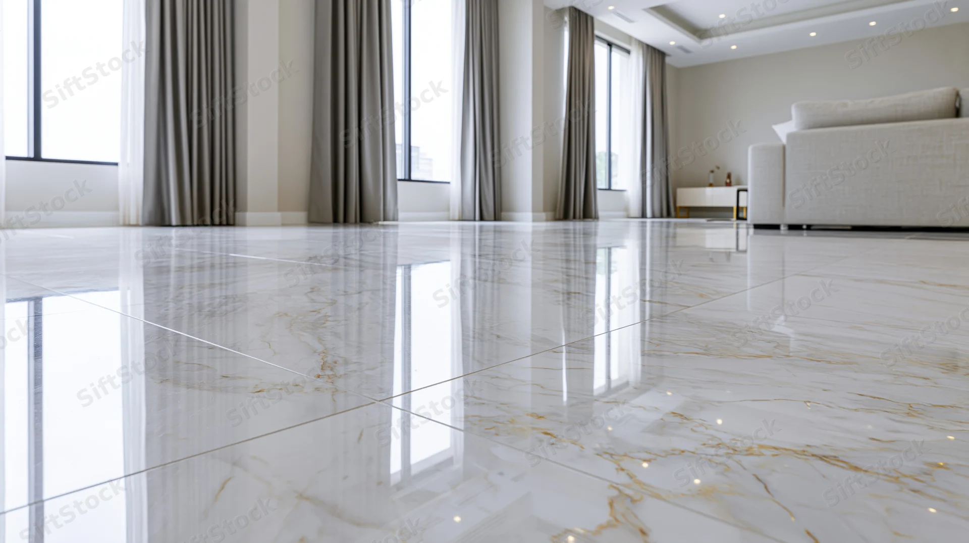 Polished white marble floor with gold veining in a spacious modern living room