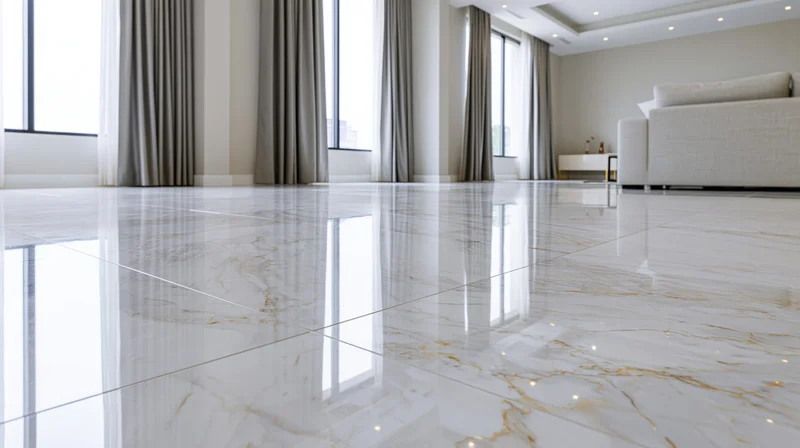 Polished white marble floor with gold veining in a spacious modern living room