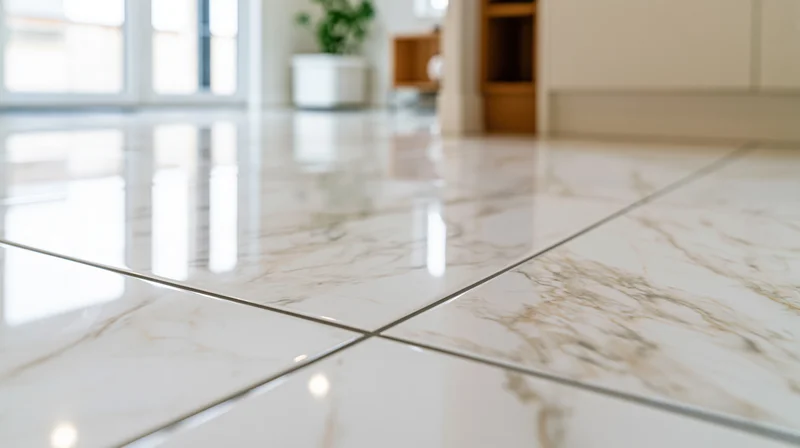 Polished white marble floor tiles with thin grey grout lines in a bright modern kitchen interior