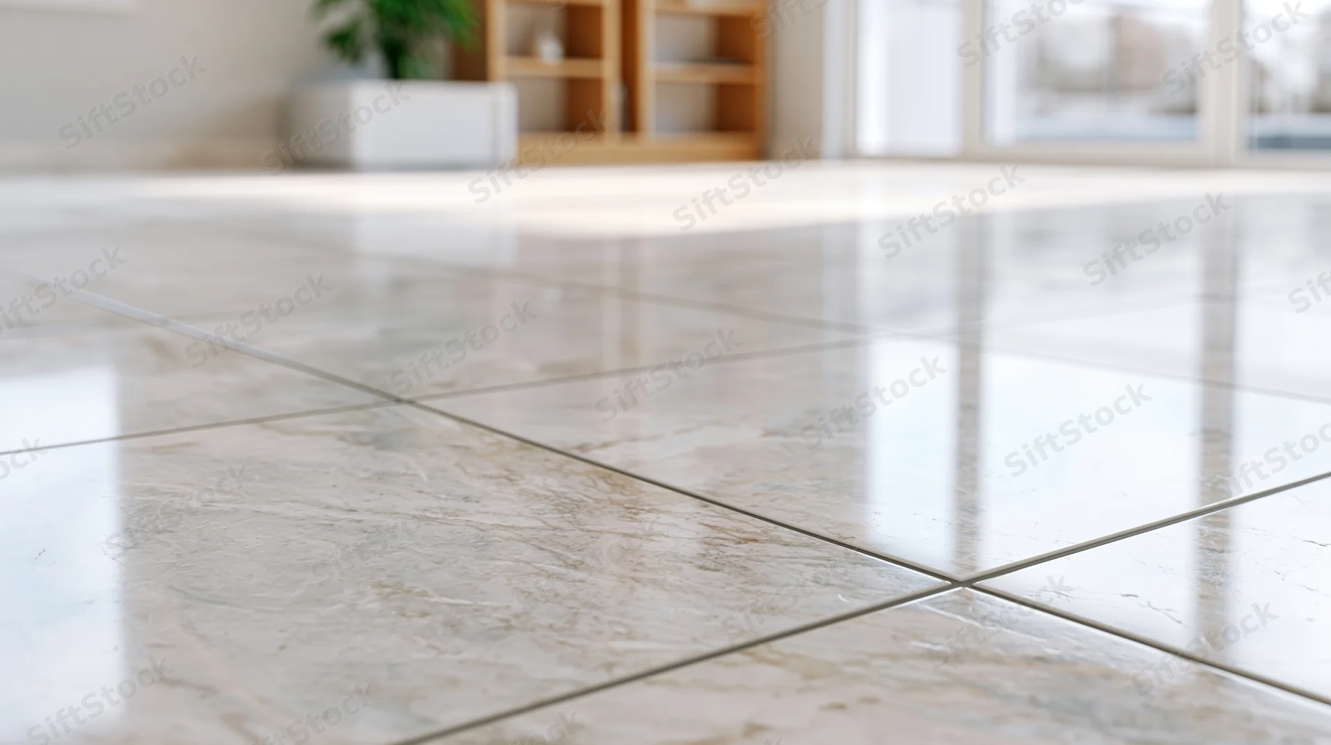 Polished white marble floor tiles with thin grey grout lines in a bright living room interior
