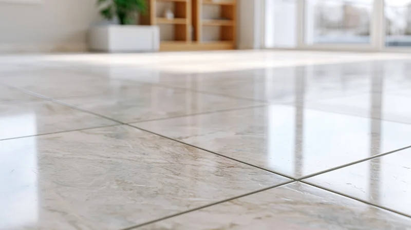Polished white marble floor tiles with thin grey grout lines in a bright living room interior