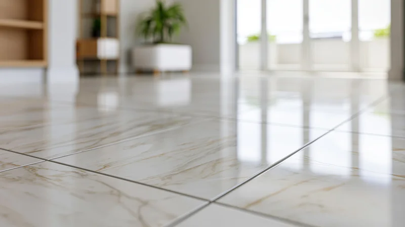 Polished white marble floor tiles with thin grey grout lines in a bright living room