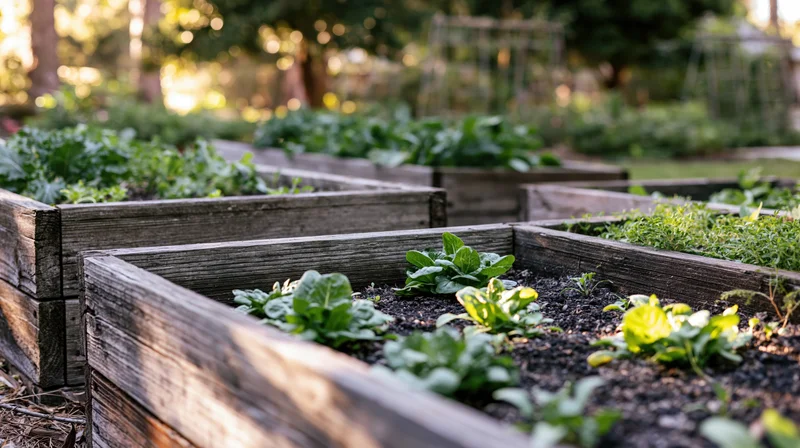 Raised wooden garden beds filled with leafy greens and herbs in an outdoor garden setting