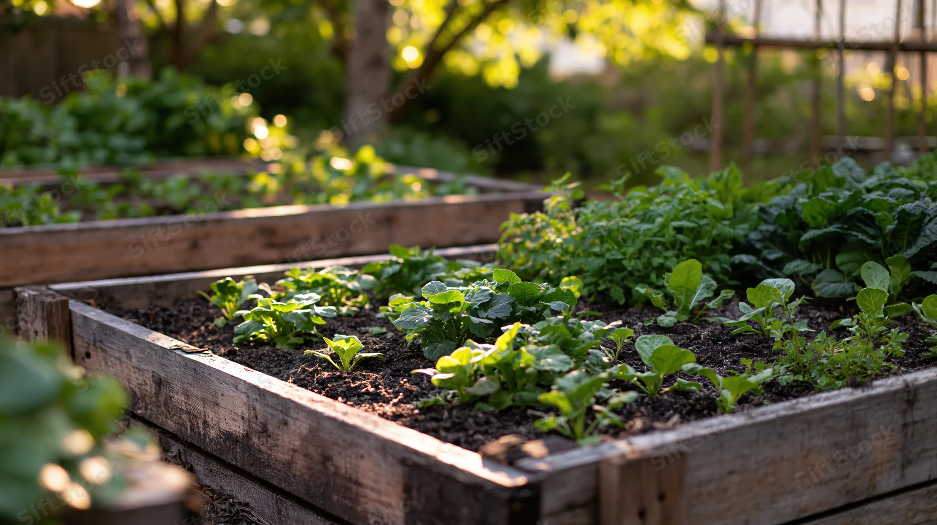 Leafy greens and herbs growing in wooden raised garden beds outdoors