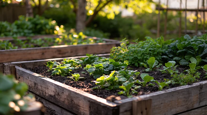 Leafy greens and herbs growing in wooden raised garden beds outdoors