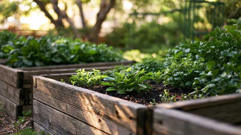Wooden raised garden beds filled with leafy greens and herbs in a sunlit backyard garden