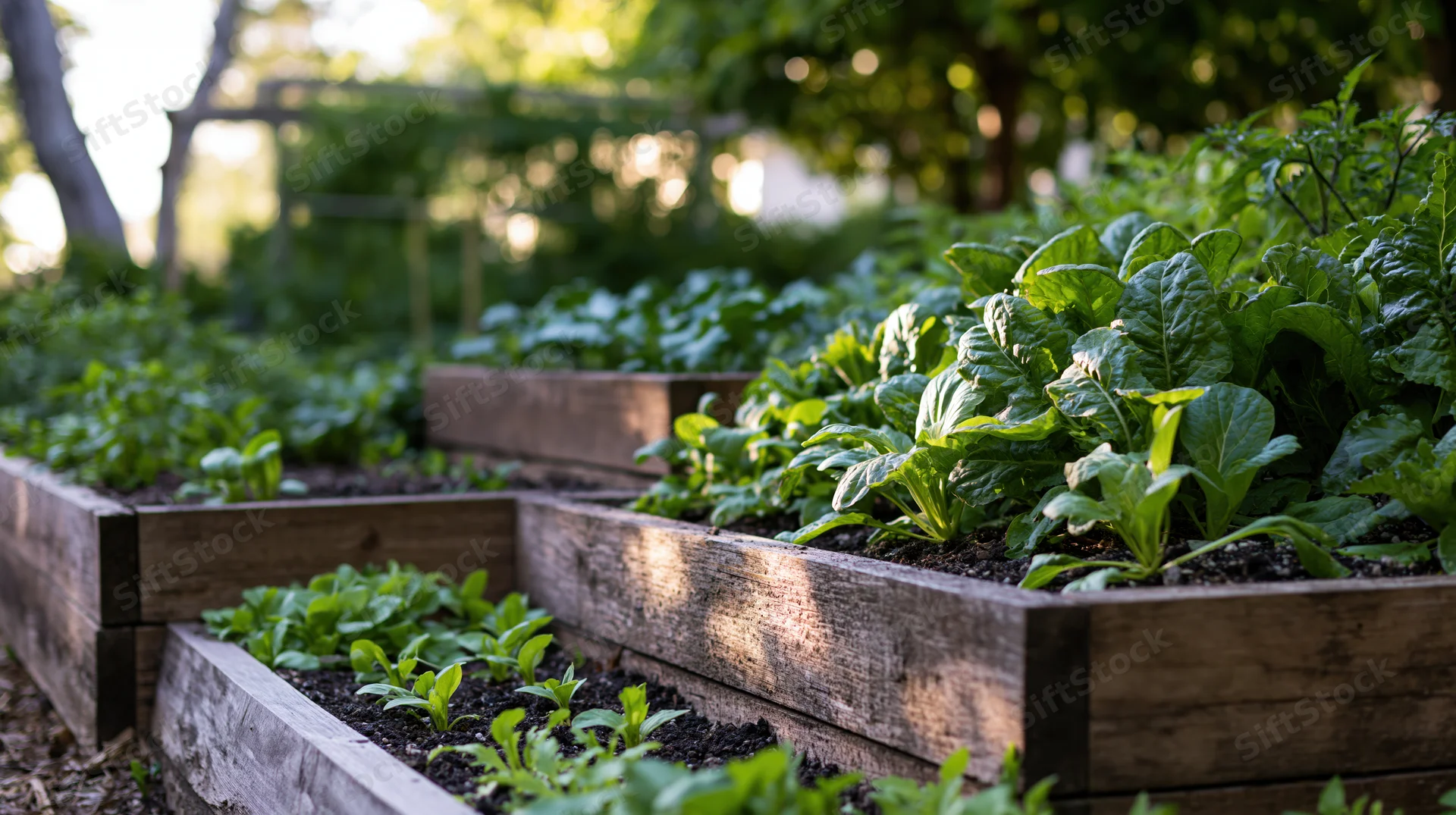 Leafy greens and herbs growing in wooden raised garden beds outdoors