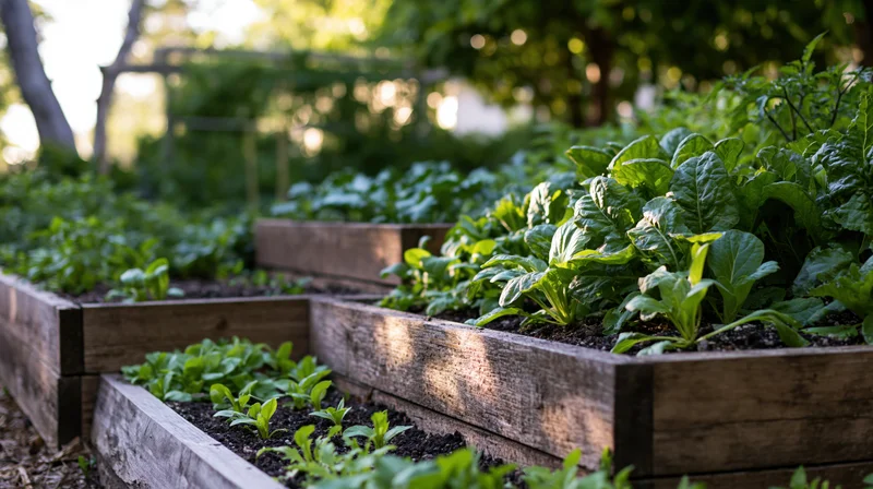 Leafy greens and herbs growing in wooden raised garden beds outdoors