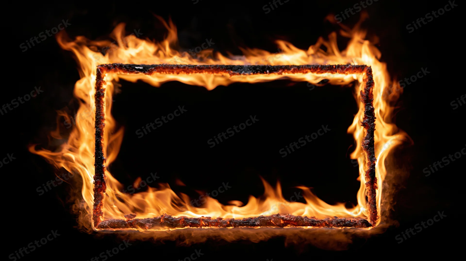 Rectangular fire frame burning with flames outlining a black center against dark background