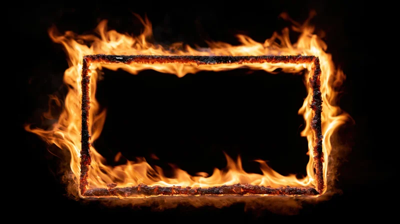 Rectangular fire frame burning with flames outlining a black center against dark background