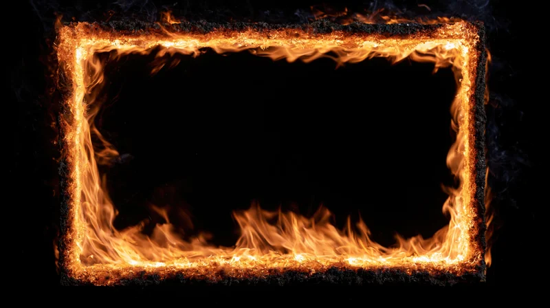 Rectangular fire frame burning with flames and smoke against black background