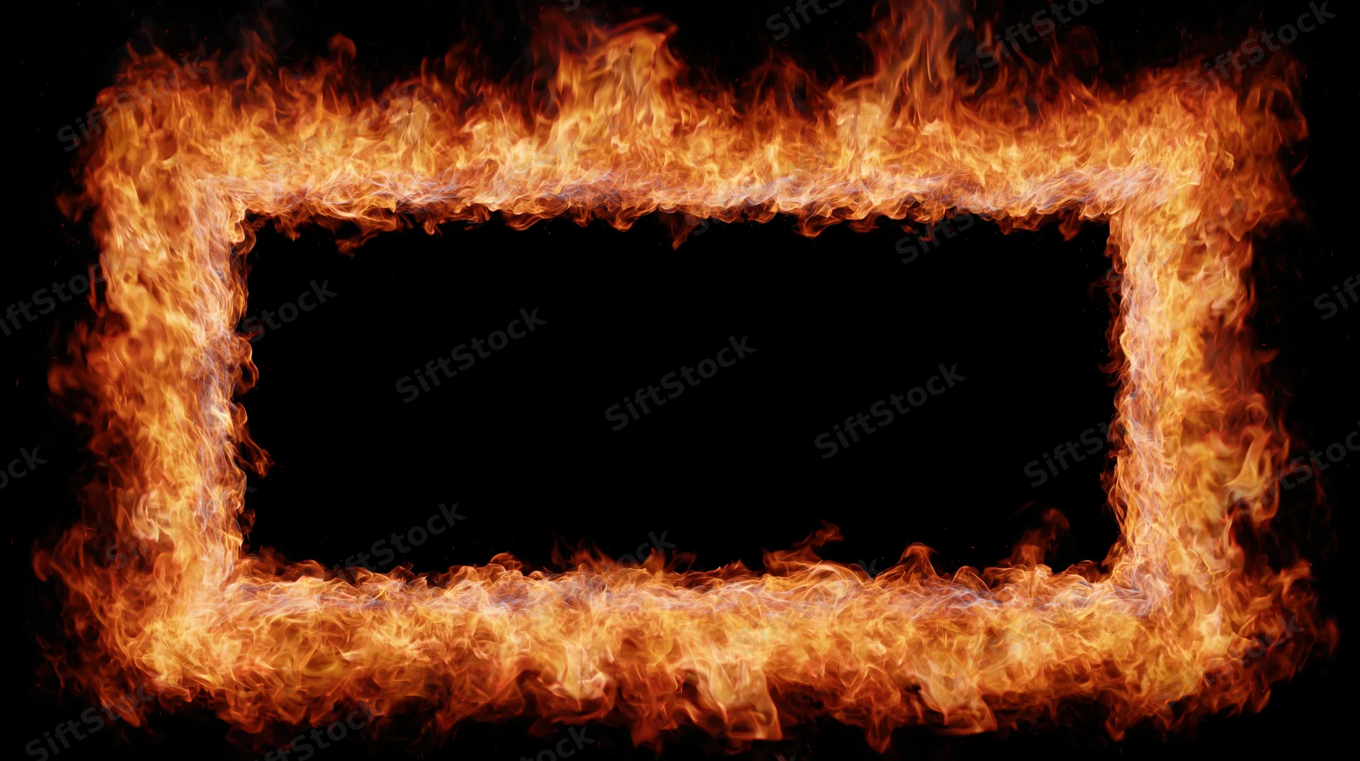 Rectangular frame of intense fire flames forming a border around a black copyspace