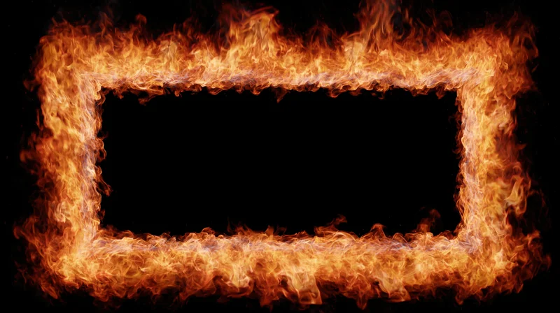 Rectangular frame of intense fire flames forming a border around a black copyspace