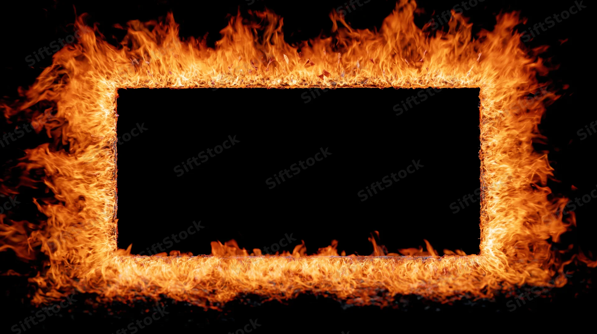 Rectangular frame of intense fire flames forming a border around a black center