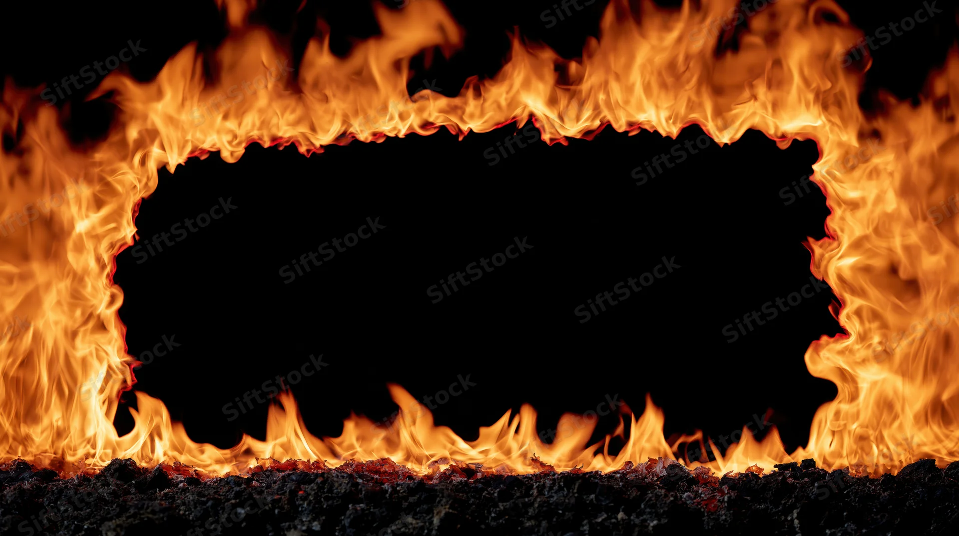 Rectangular frame of intense fire flames forming a border around a dark empty center on a black background
