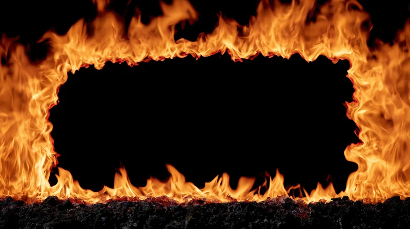 Rectangular frame of intense fire flames forming a border around a dark empty center on a black background