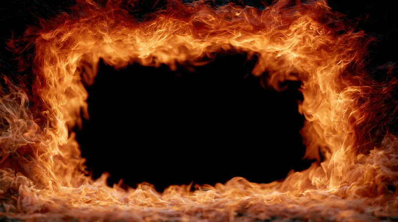 Rectangular frame of intense fire flames forming a border around a dark center
