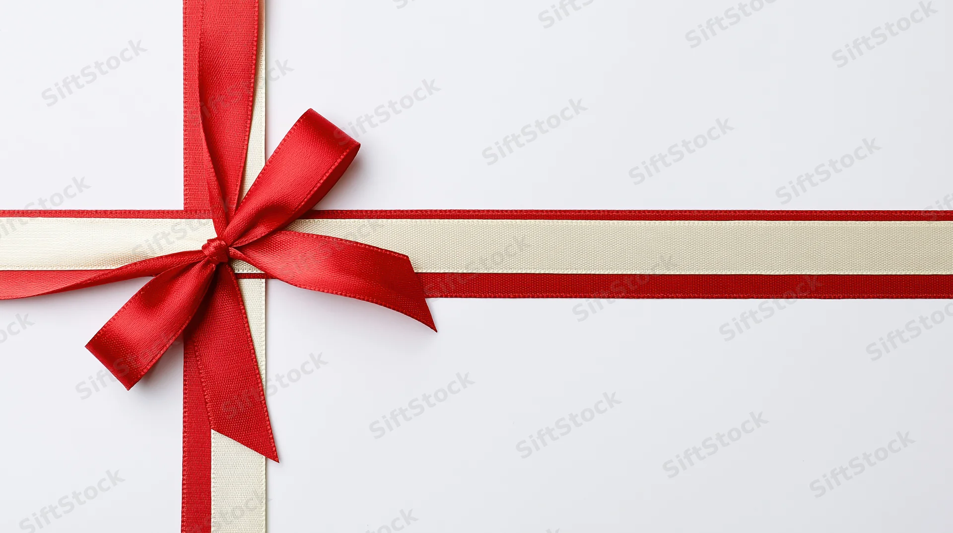 Red and cream satin ribbon tied in a bow crossing horizontally and vertically on a white background