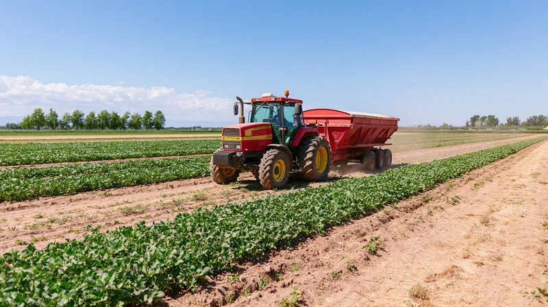 Red and yellow tractor pulling a red grain trailer through a soybean field on farmland