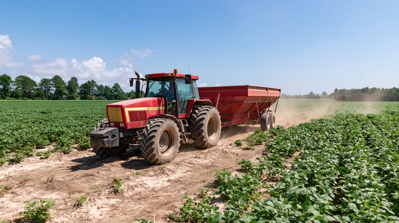 Red and yellow tractor pulling a red grain trailer through a soybean field on a sunny day