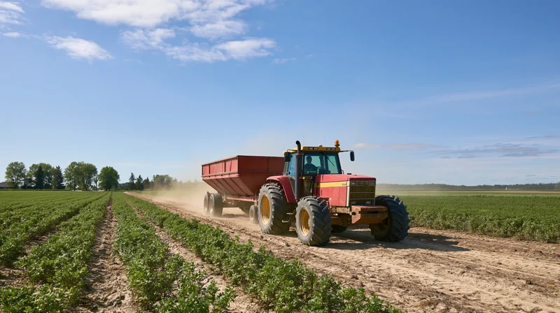 Red and yellow tractor pulling a red grain trailer through a green crop field on a sunny day