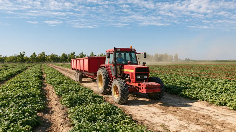 Red and yellow tractor pulling a red grain trailer through a crop field on a sunny day
