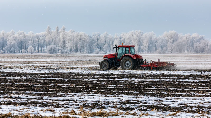 Red tractor pulling tillage implement across snow-dusted field in winter