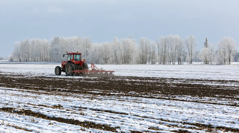 Red tractor pulling tillage implement across snow-covered field in winter
