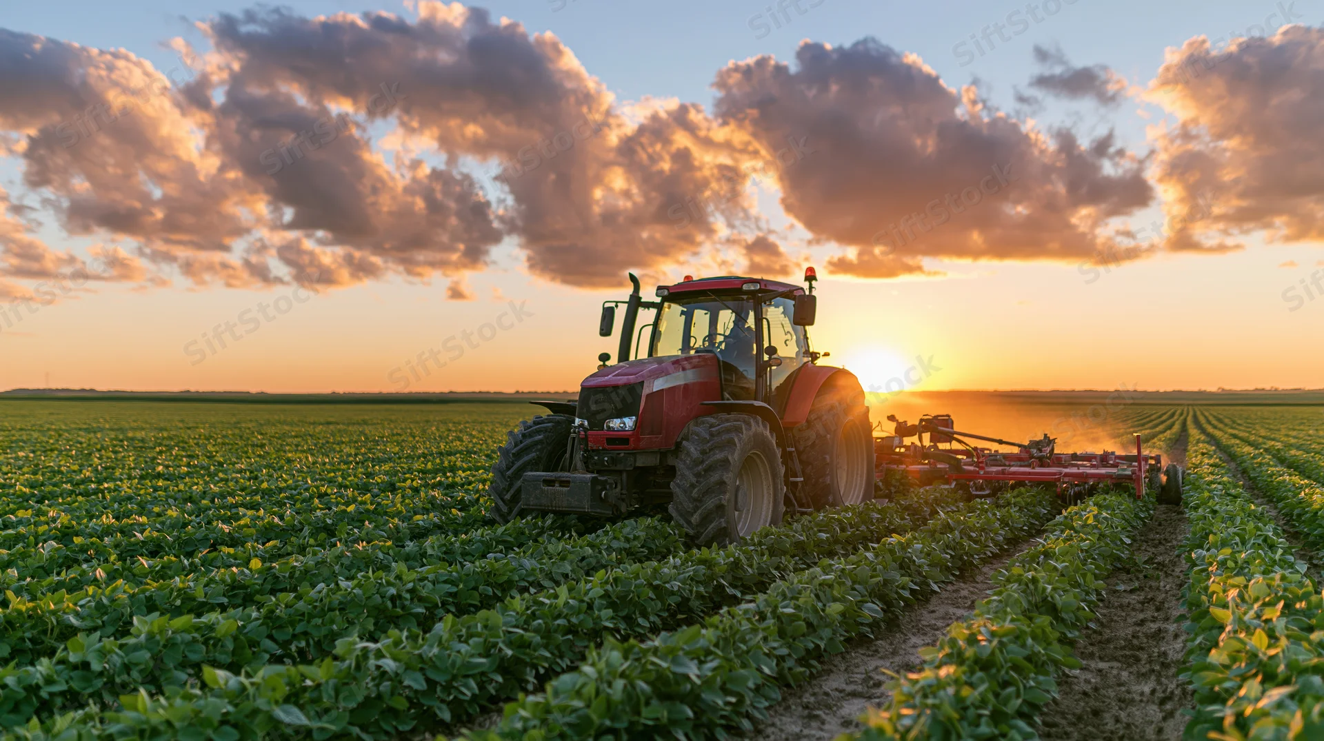 Red tractor pulling tillage equipment across a soybean field at sunset