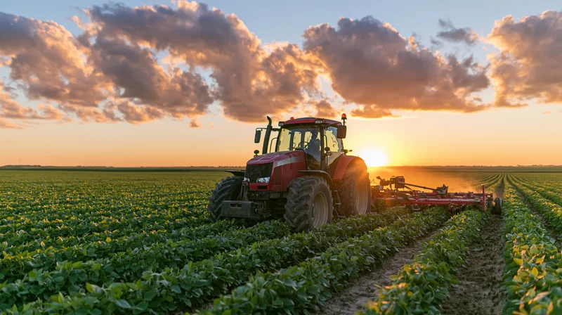 Red tractor pulling tillage equipment across a soybean field at sunset