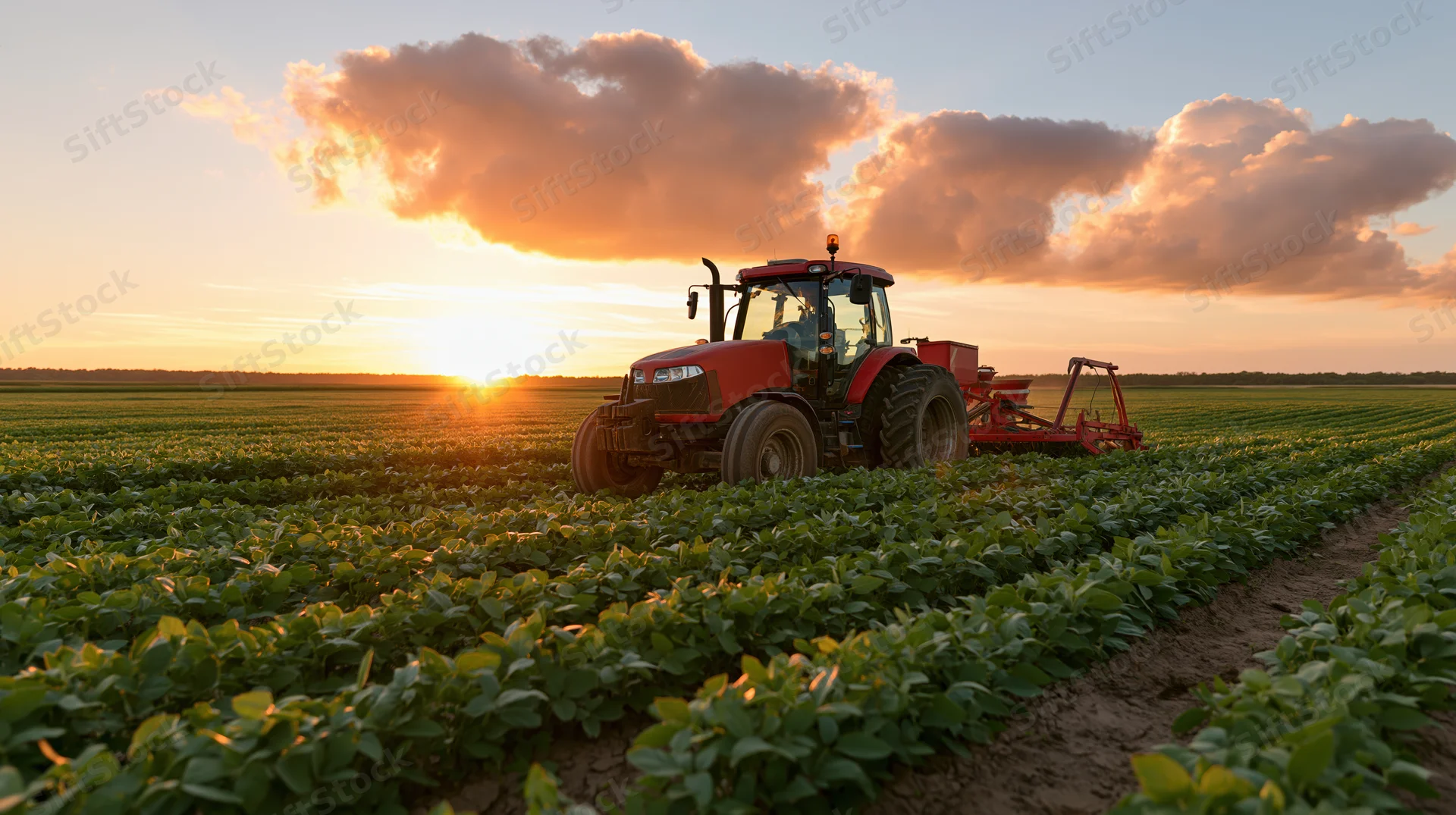 Red tractor pulling tillage equipment across a soybean field at sunset
