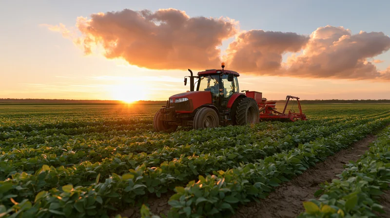 Red tractor pulling tillage equipment across a soybean field at sunset