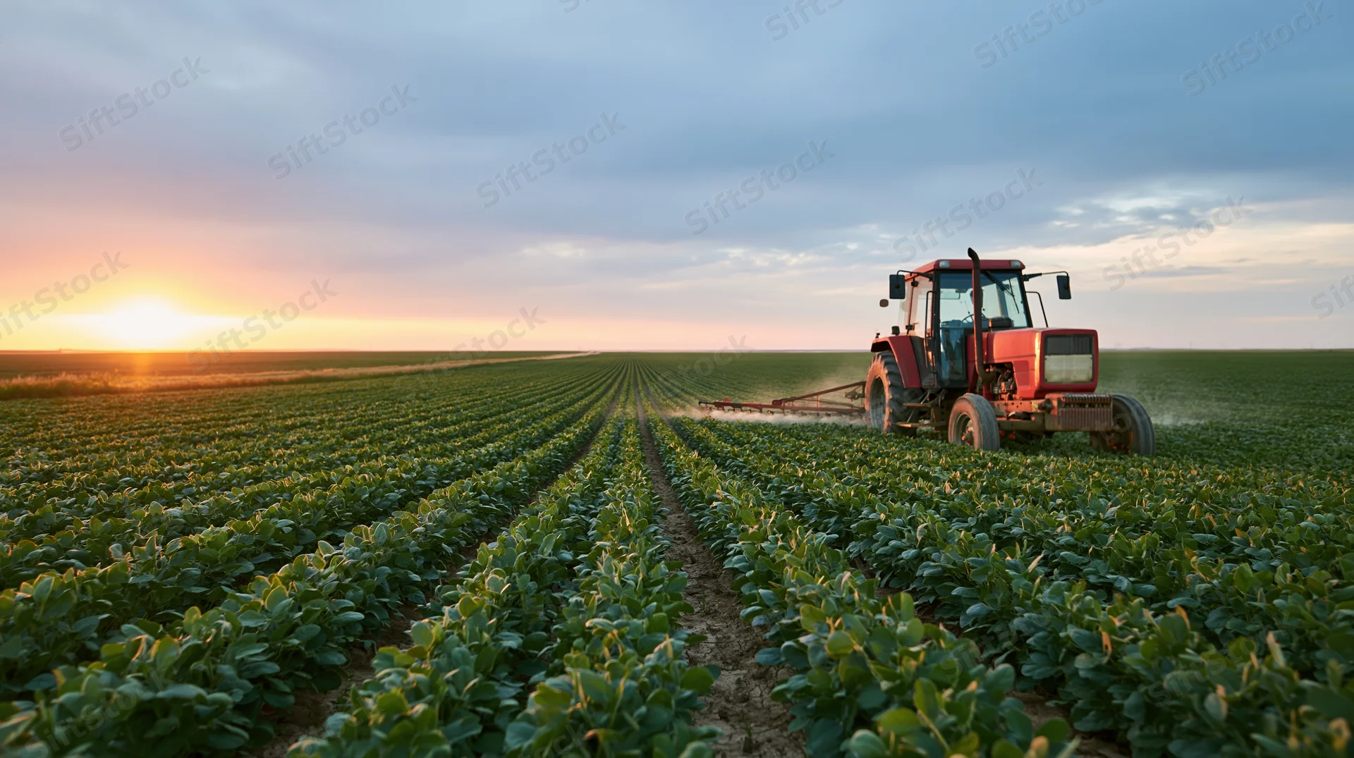 Red tractor spraying soybean crop in wide flat field at sunset