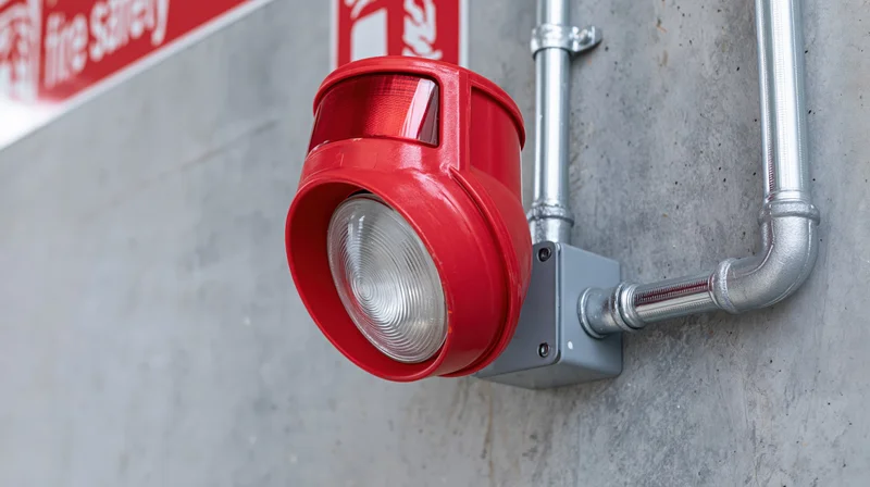 Red fire alarm strobe unit mounted on concrete wall with metal conduit and fire safety sign nearby