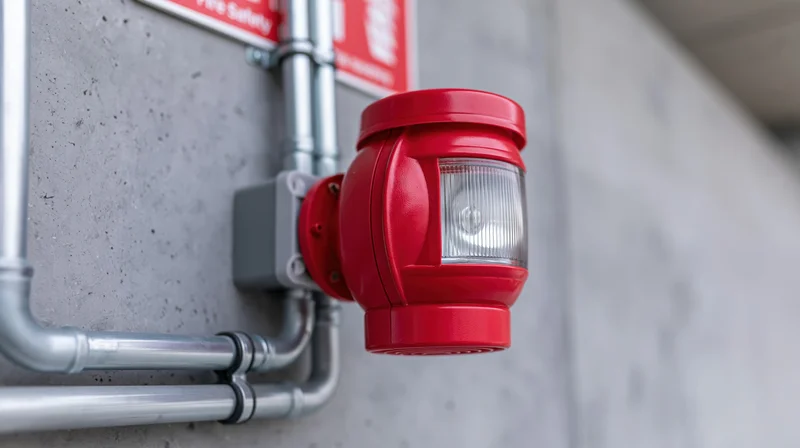Red fire alarm strobe with speaker mounted on metal conduit against concrete wall