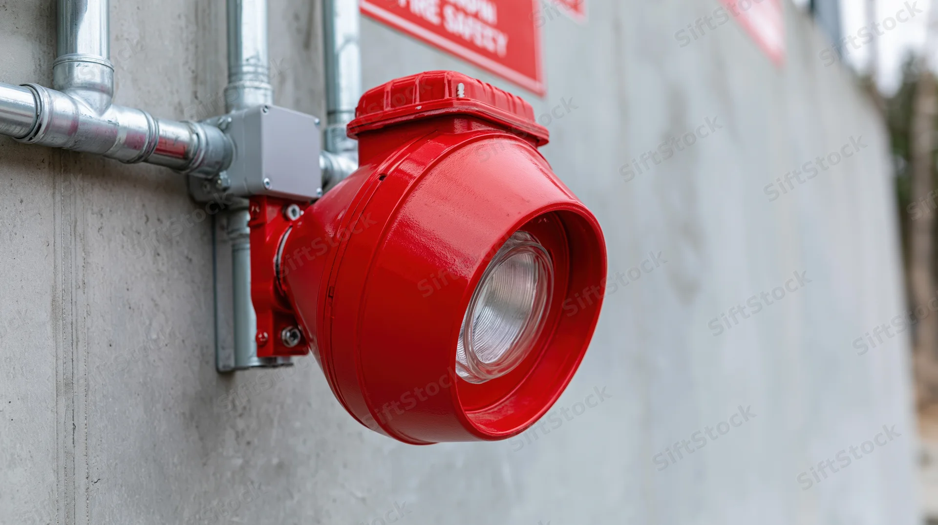 Red fire alarm strobe with speaker mounted on concrete wall beside metal pipes