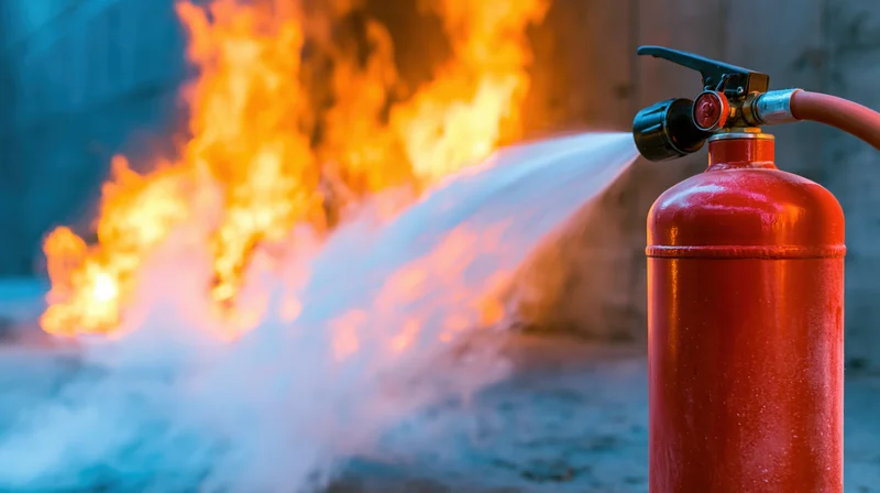 Red fire extinguisher discharging powder toward flames in an industrial setting