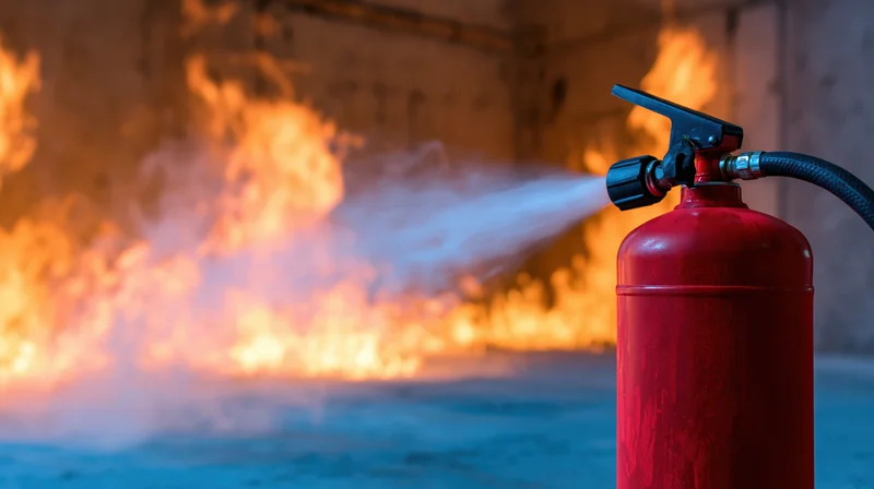 Red fire extinguisher discharging white powder toward flames in industrial setting